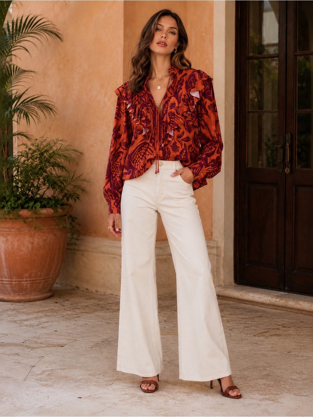 Johanna Ortiz Dreams Of Orient Ruffle Bib Blouse Red Orange Size 4 - Picture 3 of 16